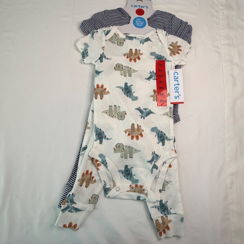 Carters Baby Boy 9M 3pc Set Dinosaur Bodysuits and Striped Pants NWT